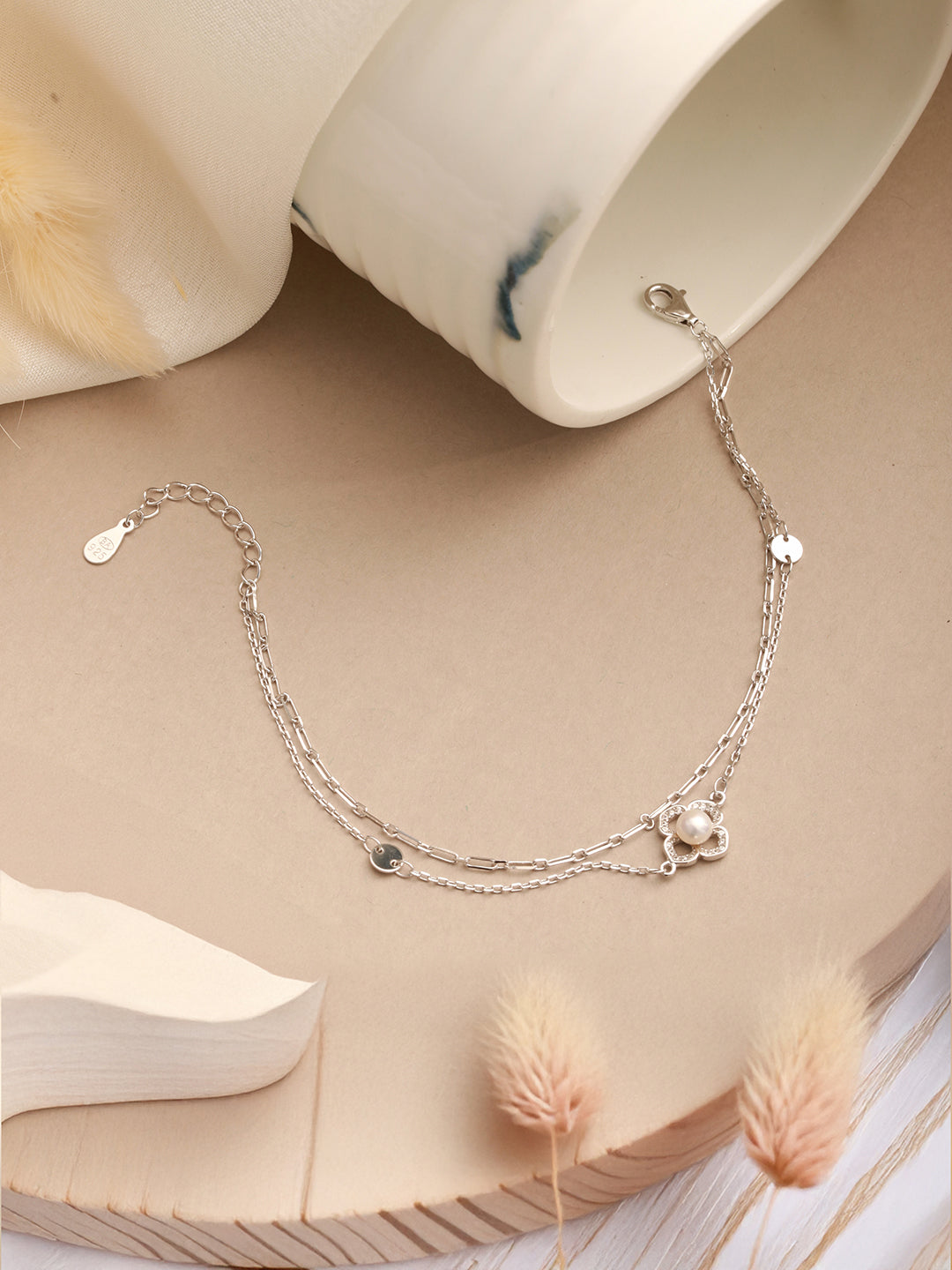 925 Sterling Silver Zircon & Pearl Embellished Floral Layered Wraparound  AdjustableBracelet